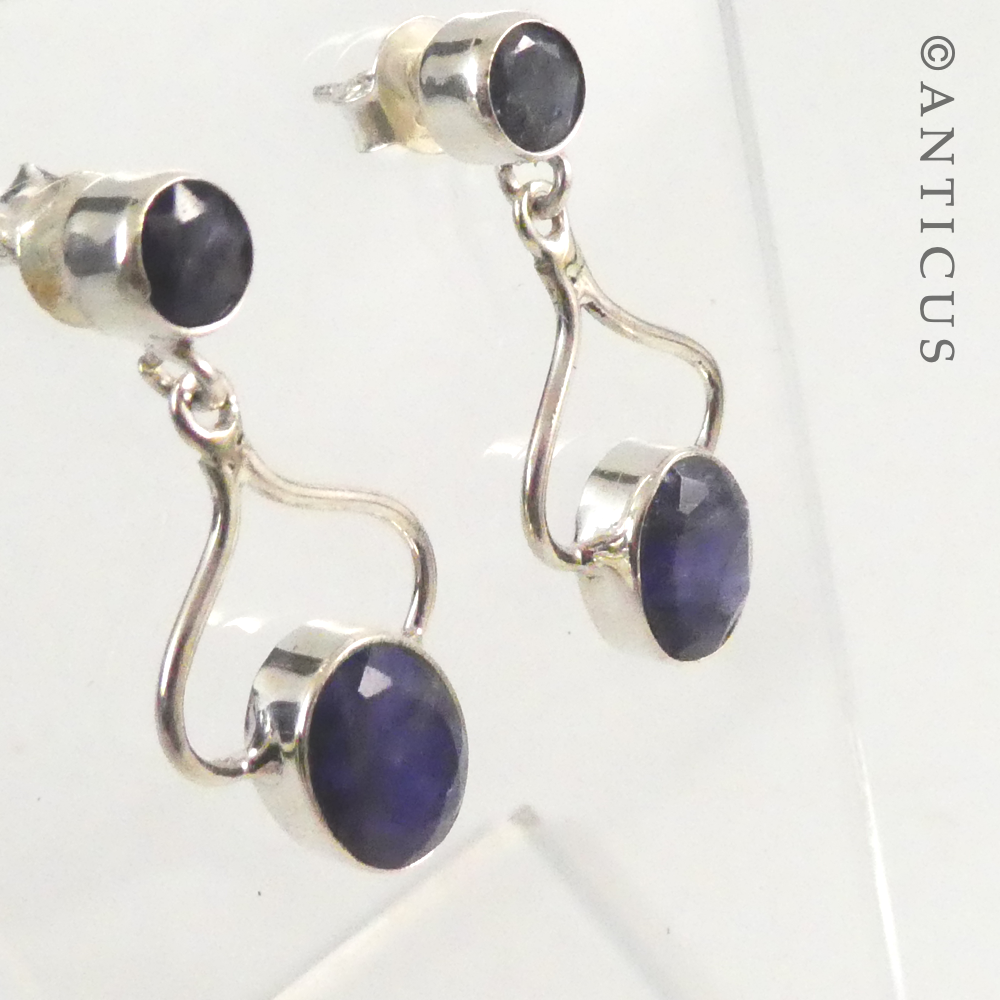Pair of Silver and Sapphire Drop Earrings.