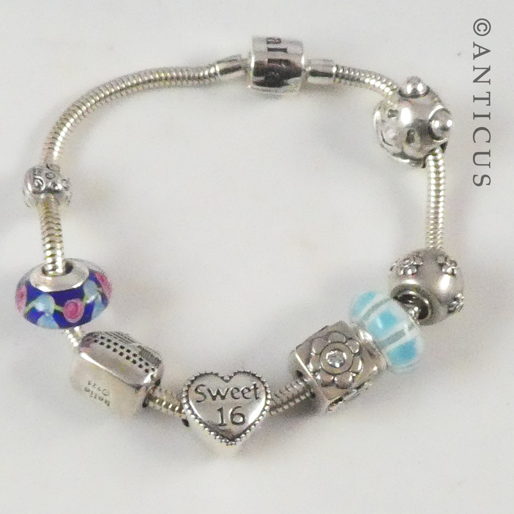 Silver Snake Chain Bracelet with 7 Charms.