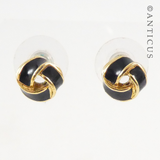Pair Small Enamel and Gold Knot Earrings.