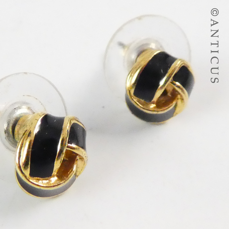 Pair Small Enamel and Gold Knot Earrings.