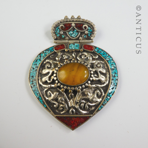 Tribal Pot Silver Pendant with Amber and Turquoise.