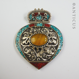 Tribal Pot Silver Pendant with Amber and Turquoise.