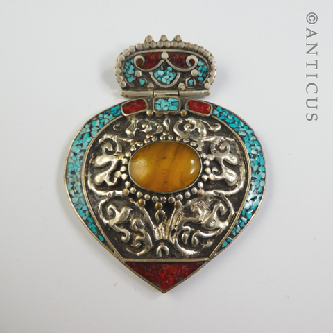 Tribal Pot Silver Pendant with Amber and Turquoise.