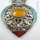 Tribal Pot Silver Pendant with Amber and Turquoise.