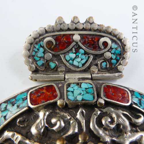 Tribal Pot Silver Pendant with Amber and Turquoise.