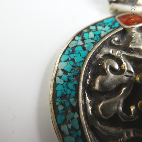 Tribal Pot Silver Pendant with Amber and Turquoise.