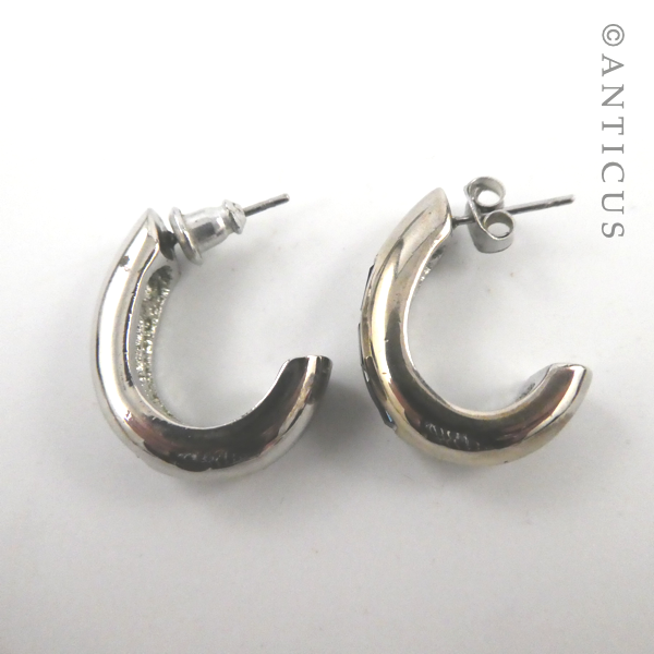 Pair of Half Hoop Earrings, Blue Stones.
