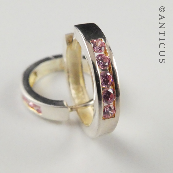 Silver Hoop Earrings with Inset Pink CZs.