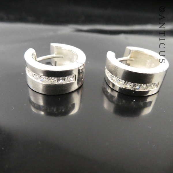 Pair of Silver Hoop Earrings, CZ Stones.