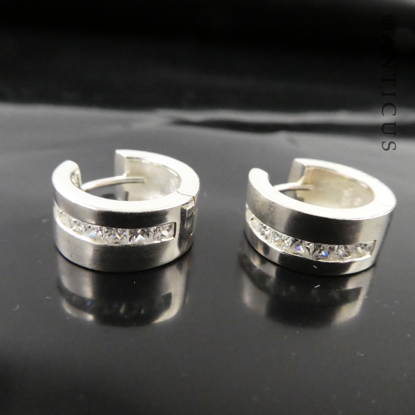 Pair of Silver Hoop Earrings, CZ Stones.