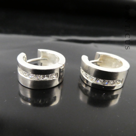 Pair of Silver Hoop Earrings, CZ Stones.