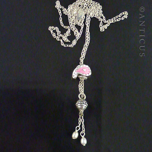 Pink Paisley Charm with Pearls on Long Chain.