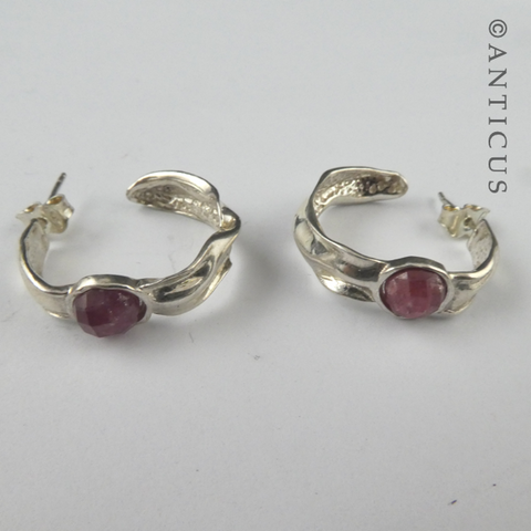 Silver Hoop Earrings with Rubies.