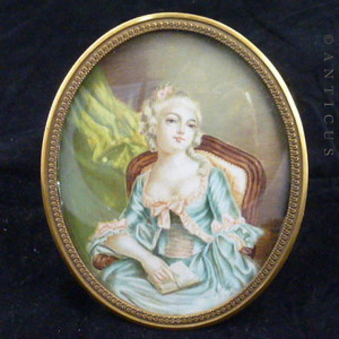 Antique French Portrait Miniature, Young Woman with Book.