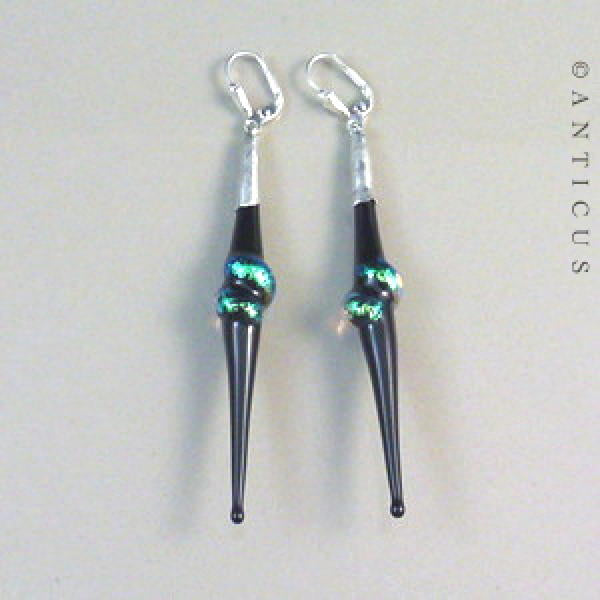 Long Black and Green Dichroic Glass Earrings.