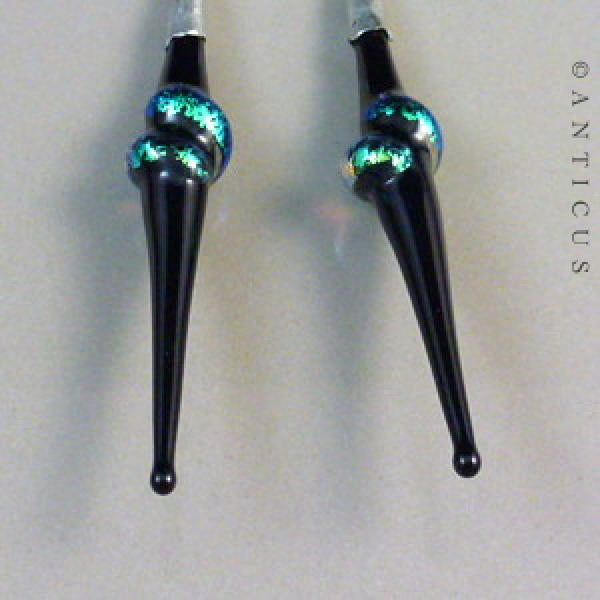 Long Black and Green Dichroic Glass Earrings.