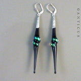 Long Black and Green Dichroic Glass Earrings.