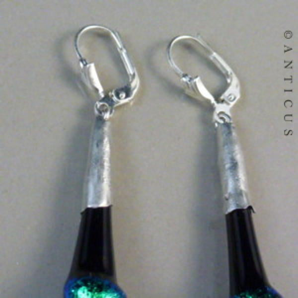 Long Black and Green Dichroic Glass Earrings.