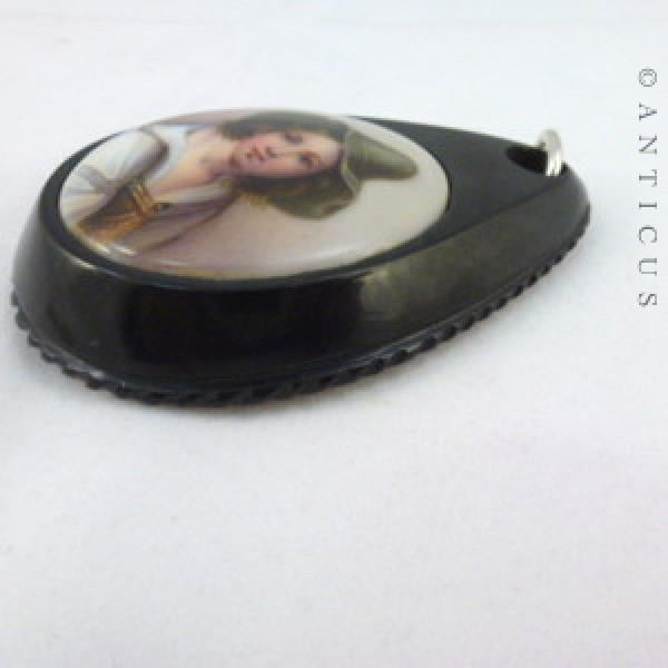 Painted Portrait Pendant, Large English Jet Mount.