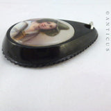 Painted Portrait Pendant, Large English Jet Mount.