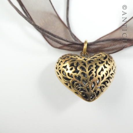 Polished Bronze Heart Pendant on Organza Ribbon.