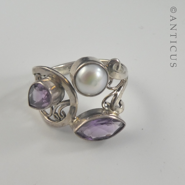 Amethyst, Pearl and Silver Free-Form Ring.
