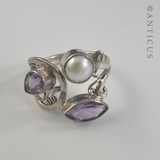 Amethyst, Pearl and Silver Free-Form Ring.