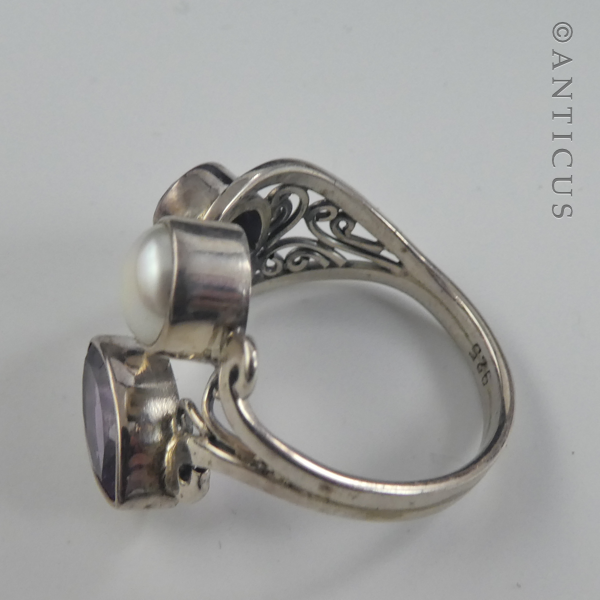 Amethyst, Pearl and Silver Free-Form Ring.