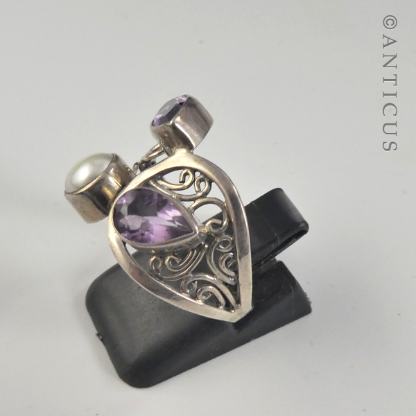 Amethyst, Pearl and Silver Free-Form Ring.