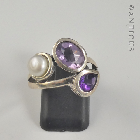 Free-Form Silver Ring,  Amethysts and Pearl.