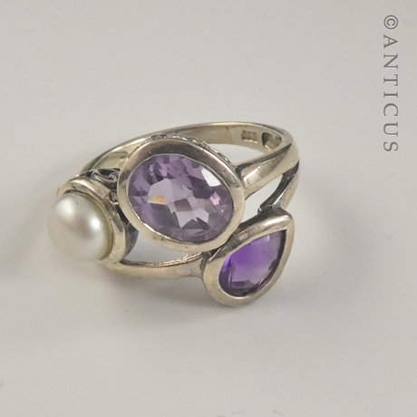 Free-Form Silver Ring,  Amethysts and Pearl.