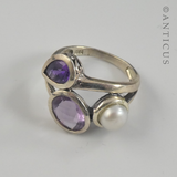 Free-Form Silver Ring,  Amethysts and Pearl.