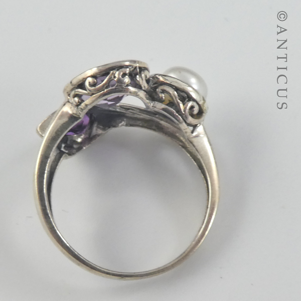 Free-Form Silver Ring,  Amethysts and Pearl.
