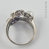 Free-Form Silver Ring,  Amethysts and Pearl.
