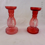 Pair Mary Gregory Enamelled Vases, Cranberry Glass.