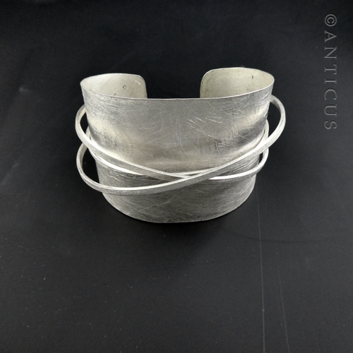 Unusual Brushed Silver Cuff Bangle.