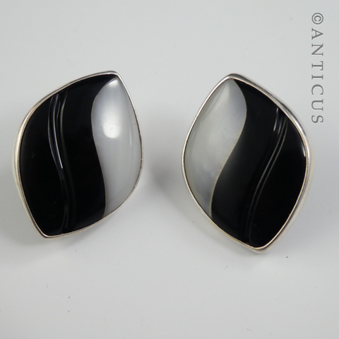 Black and White Art Glass Earrings, Silver Framed.