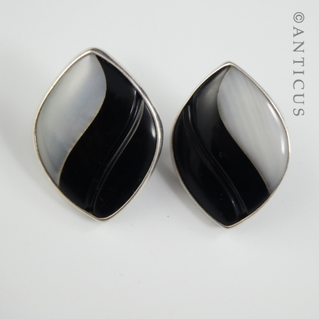 Black and White Art Glass Earrings, Silver Framed.