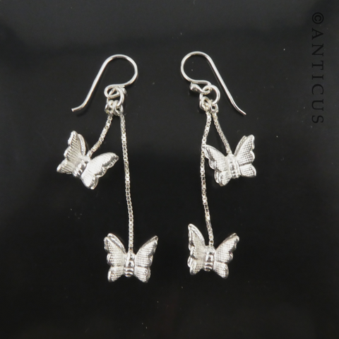 Silver Double Butterfly Drop Earrings.