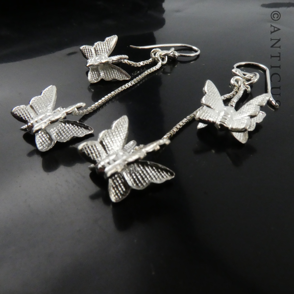 Silver Double Butterfly Drop Earrings.