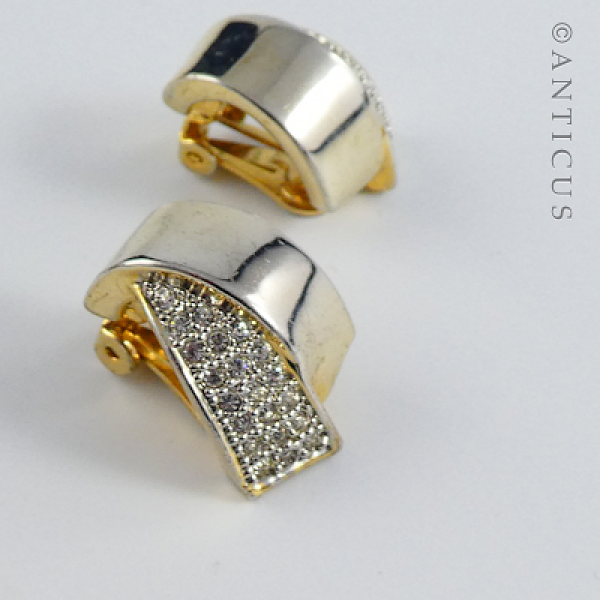 Pair Hoop Earrings, Gold Plate and Crystals.