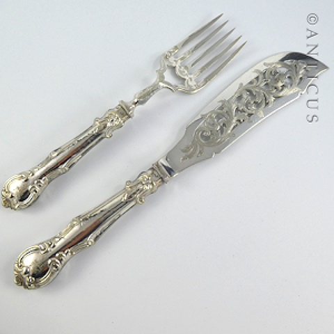 Pair of Fish Servers, Crested, Silver Plate.