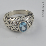 Blue Topaz and Pierced-Work Silver Ring.