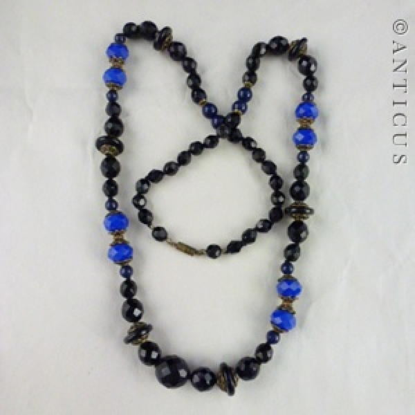 French Jet and Blue Glass Graduated Necklace.