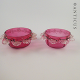 Pair of Cranberry Glass Small Bowls, Frilled Edges.