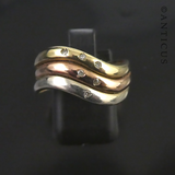 Triple Band Ring, Three Tone Gold with Diamonds.
