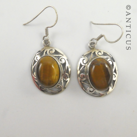 Silver and Tiger's Eye Drop Earrings.