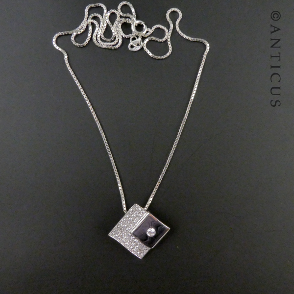 Diamond-Shaped Silver and Crystals Pendant on Chain.