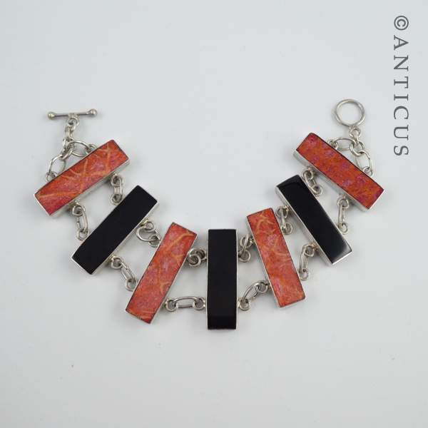 Coral, Silver and Black Shell Bracelet.