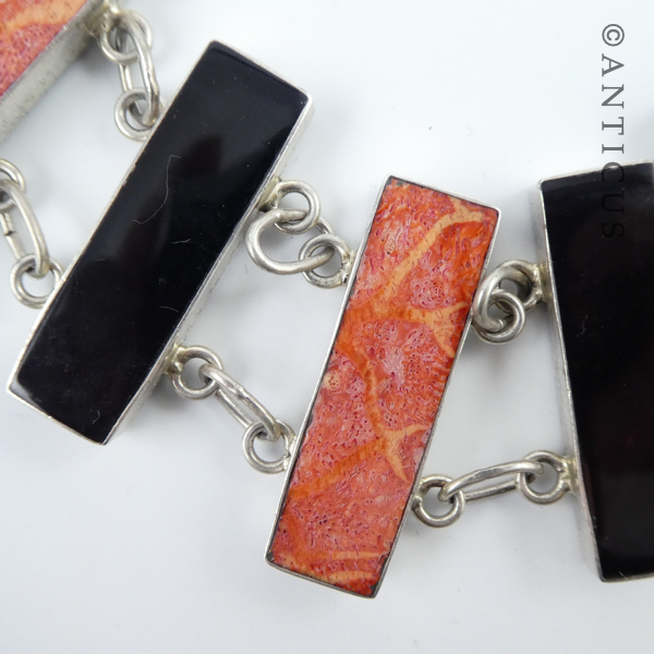 Coral, Silver and Black Shell Bracelet.